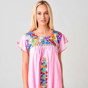 J. Marie Oaxaca Peasant Embroidered Floral Pink blouse top, Blouse, XS